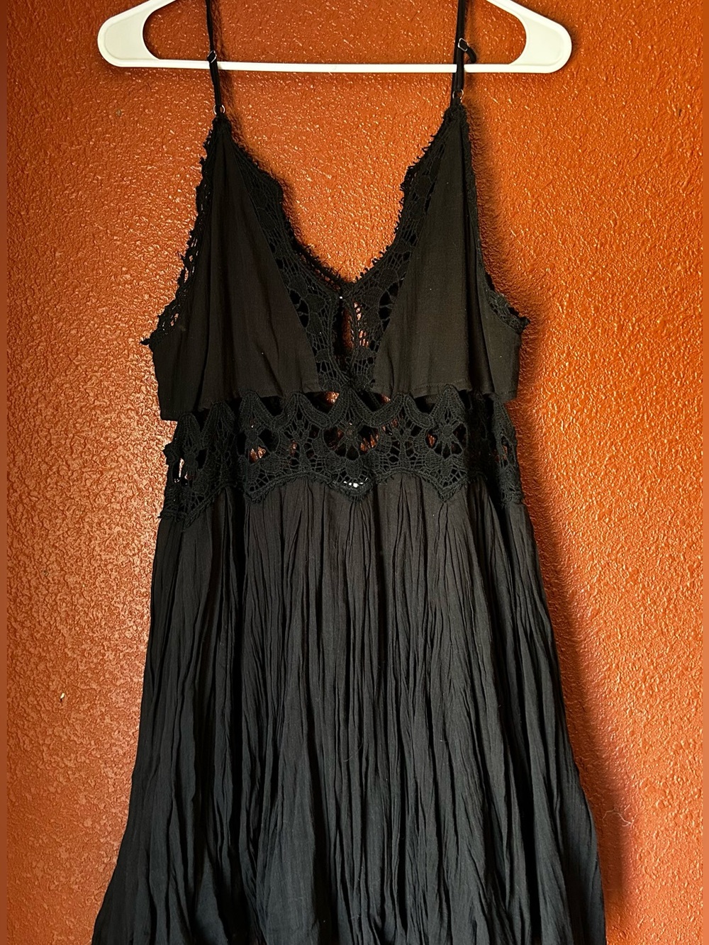 Free people Black Lace-Trim Crinkle mini dress